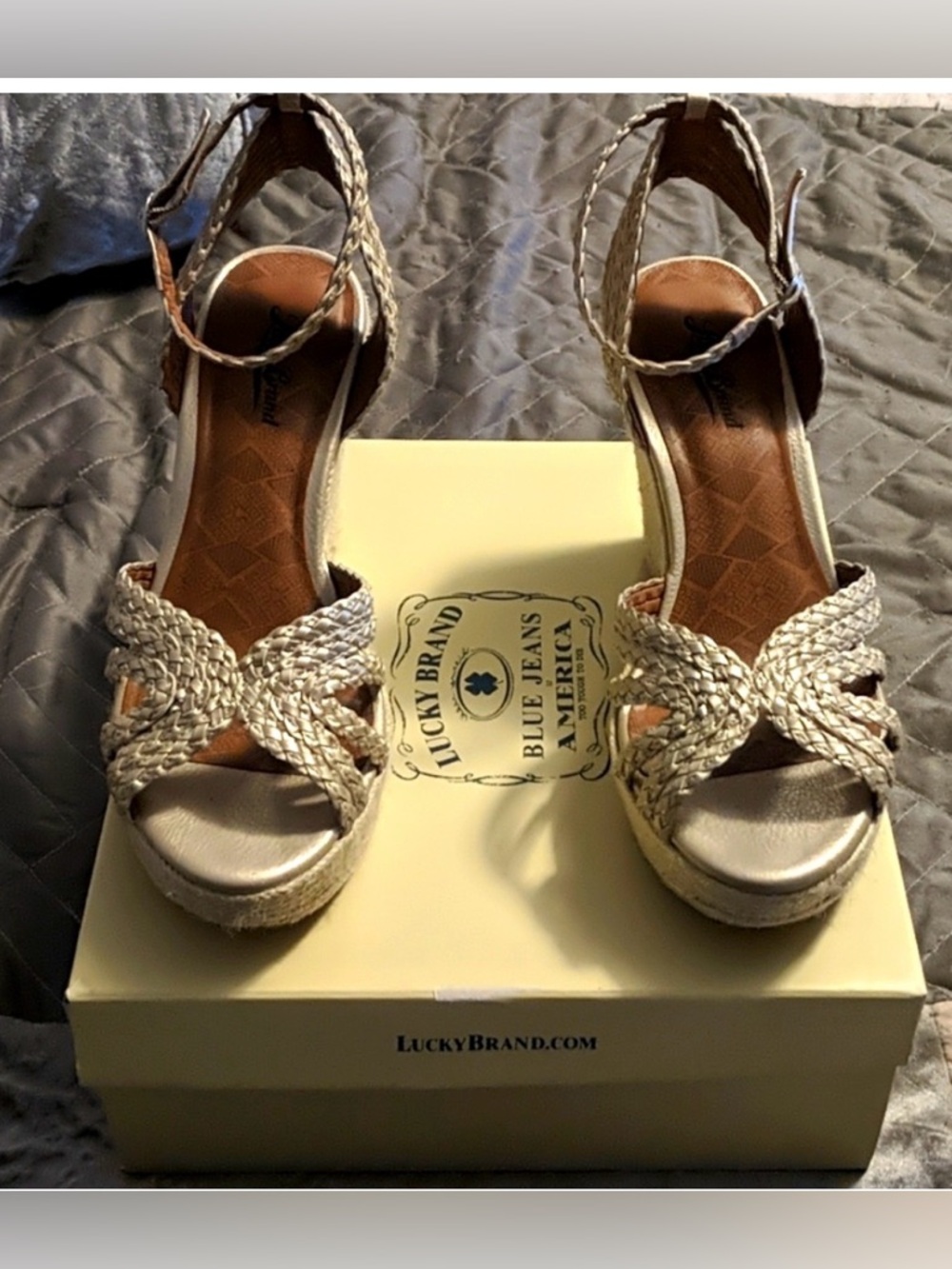 Lucky Brand Gold Metallic Braided Espadrille Wedge Sandals